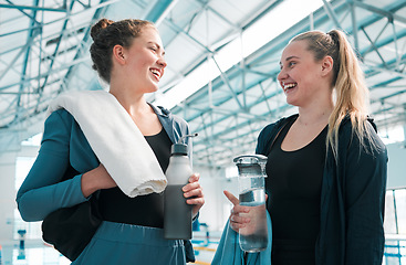 Image showing Happy woman, friends and swimming discussion in sports fitness, exercise or training together at indoor pool. Female person or professional swimmers talking in happiness for competition or teamwork