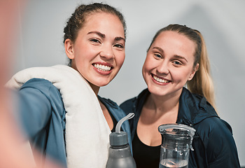 Image showing Women friends, selfie and fitness with water bottle, smile and training for health, portrait and post on web blog. Girl, coach or personal trainer with memory, profile picture or teamwork for workout