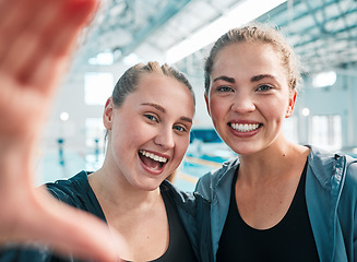 Image showing Selfie, swimming pool and portrait of women athletes after exercise, workout or training. Happy, smile and headshot of young girl friends taking a picture after fitness or sports competition together