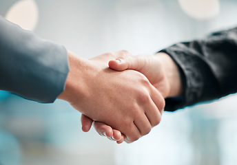 Image showing Person, handshake and meeting in team sports, motivation or thank you in agreement, partnership or deal. Closeup of people shaking hands in collaboration, unity or teamwork together in community