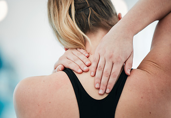 Image showing Sports injury, neck pain and closeup with woman at swimming pool for fitness, training and health. First aid, emergency and accident with person and problem for muscle ache, inflammation and wellness