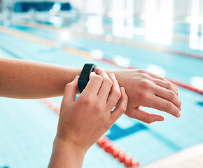 Image showing Stopwatch, person or hands of swimmer at swimming pool for sports, workout or fitness progress. Personal trainer, exercise or closeup of athlete with timer to check or monitor clock goal or heartbeat