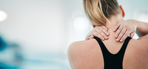 Image showing Sports injury, neck pain and space with woman at swimming pool for fitness, training and health. First aid, emergency and accident with person and problem for muscle ache, inflammation and mockup