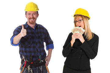 Image showing construction worker and businesswoman with earnings