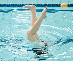 Image showing Swimming, athlete and legs in water upside down, exercise and training for healthy body. Pool, feet and person alone in synchronized workout, sport art and practice for fitness in wellness underwater