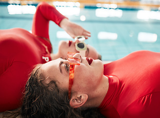 Image showing Women, sunglasses and fashion at a pool with gen z, hipster and style of girl friends with streetwear. Red clothing, cool and trendy glasses with young people together on a floor with student model