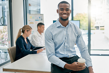 Image showing Face portrait, leadership and black man in meeting ready for goals or targets. Ceo, boss and young, happy and confident male entrepreneur with vision, mission and success mindset in company workplace