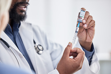 Image showing Doctor, hands and bottle for vaccine in lab to stop virus bacteria and cure for covid for healthcare. Doctors, teamwork and research for covid 19 in laboratory with syringe, pharma or liquid drugs