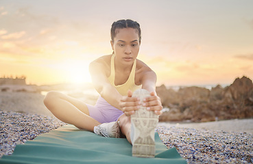 Image showing Beach, yoga or woman stretching in fitness training, body workout or exercise for natural balance in Miami, Florida. Mindfulness, breathing or healthy zen girl exercising at sunset with calm peace