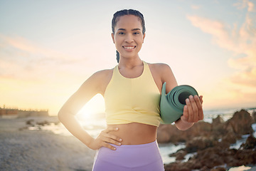 Image showing Beach, fitness and portrait of woman with yoga mat getting ready for training, stretching or exercise. Zen chakra, sunset and female preparing for pilates workout for mindfulness, health and wellness