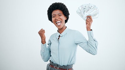 Image showing Money win, success and black woman excited about finance freedom, investment and salary on a white studio background. Accounting, happy and portrait of a business employee in celebration of cash