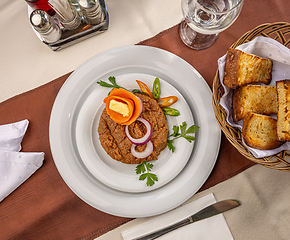 Image showing Beef tartare dish with onion rings