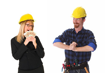 Image showing construction worker and businesswoman with earnings