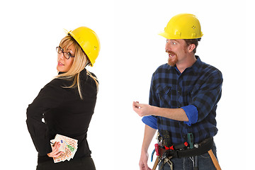 Image showing construction worker and businesswoman with earnings