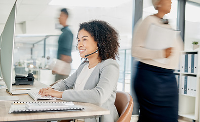 Image showing Black woman, call center and computer with CRM and contact us, phone call with customer service or telemarketing. Tech support, technology and office with communication and contact center employee.