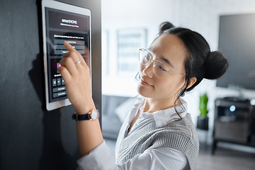 Image showing User interface, technology and Asian woman with security password in office, workspace and building. Biometrics, digital ui and female worker typing on ai system, tablet and cyber security software