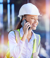 Image showing Construction worker, woman with smartphone for phone call and communication with technology and helmet for safety. Happy with construction, building industry and mobile phone, contact with lens flare