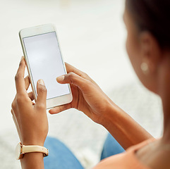 Image showing Smartphone, screen and woman hands with mockup for mobile chat app, product placement and branding design zoom. Typing, using phone or cellphone for social media, networking or online website search