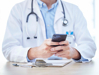 Image showing Chat, email and doctor hands with a phone for online consulting, communication and internet research. Healthcare, search and medical employee typing on a mobile for work in health and medicine