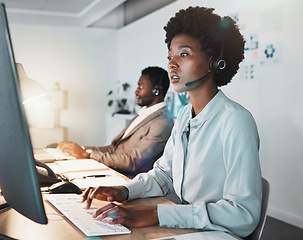 Image showing Customer support team, communication and computer consultant on telecom microphone, CRM software or IT customer service. Contact us call center, flare light and telemarketing black people consulting