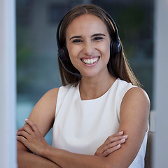 Image showing Call center, portrait smile and woman for telemarketing, virtual communication or financial advisor support in corporate sales success. Contact us, crm and proud telecom worker, consultant or agent