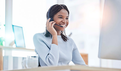 Image showing Consulting, call center and black woman at computer for customer service online at office. Technical support professional client communication with headset mic at workplace in Nigeria.