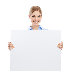 Image showing Portrait of a business woman with a poster with mockup space for announcement, marketing or advertising. Signage, bulletin and female model with blank board with copy space by white studio background