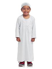 Image showing Portrait, children and muslim with a boy in studio isolated on a white background for religion or belief in allah. Islam, kids or eid and a male child posing with mockup for faith or trust in god