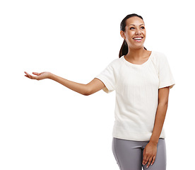 Image showing Black woman, hand and mockup space for product placement advertising and motivation while laughing. Female model with empty palm for promotion, discount or deal offer isolated on a white background