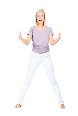 Image showing Wow, woman and empty hand holding in studio for product placement, marketing and branding surprise. Excited model with hands to show mock up for advertising or promotion isolated on white background