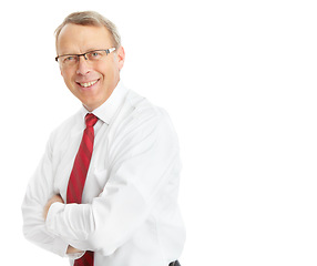 Image showing Portrait, business man and arms crossed in studio isolated on a white background mockup. Face, ceo and mature, proud and happy male entrepreneur from Canada with vision, mission and success mindset.