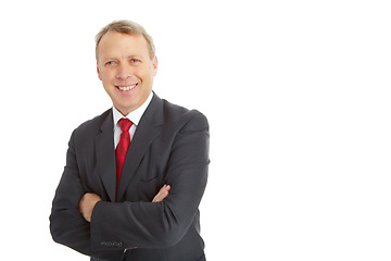 Image showing Arms crossed, face portrait and business man in studio isolated on a white background mockup. Boss, ceo and mature, proud and happy male employee from Canada with vision, mission or success mindset.