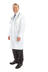 Image showing Portrait, healthcare doctor and man in studio isolated on a white background mockup. Wellness, health care and happy, confident and mature male medical professional from Canada standing in hospital.