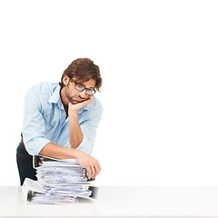 Image showing Stress, burnout and businessman with paper, documents and workload pressure on a white background. Overwhelmed, male and corporate employee with boring admin task looking exhausted, sad and isolated