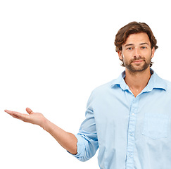 Image showing Hand, businessman and portrait of worker in studio with vision, idea and goal on white background. Face, leader and man hand sign with mockup for offer, planning and contemplation by entrepreneur