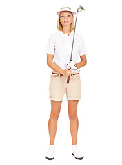 Image showing Woman, golf and sports portrait in studio for exercise, fitness training for golfing motivation on white background. Female golfer holding golf club while ready for a tournament, competition or match