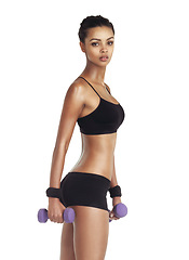 Image showing Fitness, weight and portrait of a black woman training for healthy lifestyle and exercise. White background, isolated and health lifestyle of a woman in underwear for body cardio and workout