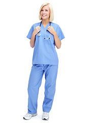 Image showing Nurse, portrait and stethoscope on isolated white background in cardiovascular, lungs or heart wellness check. Smile, happy woman and face of healthcare worker, medical equipment or doctor consulting