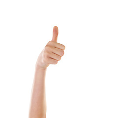 Image showing Thumbs up, hand and winner hands of a person with yes, achievement and motivation gesture. White background, mock up and isolated model in a studio showing agreement, deal and satisfaction signs