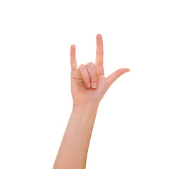 Image showing Rock, sign language and hand of a person with a sign isolated on a white background in studio. Hand gesture, fingers and person talking with hands, confidence and showing on a studio background