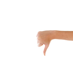 Image showing Hand, thumbs down and mockup with an emoji in studio isolated on a white background for a logo or brand. Social media, negative and no with a gesture or sign of disagreement on blank mock up space