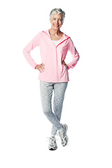 Image showing Portrait, training and a senior woman in studio isolated full body on a white background for marketing. Exercise, health and active seniors with a mature female posing to promote wellness or fitness