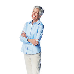 Image showing Senior woman, relax and portrait in studio, smile and happy while posing on a white background. Elderly, model and lady enjoy retirement, proud and satisfied with retired lifestyle while isolated