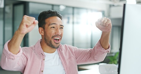 Image showing Winner, motivation and celebration with a business man reaching a goal or target in his office at work. Wow, goals and success with a male employee celebrating a deal or promotion while working