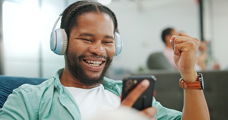 Image showing Success, winner and black man in celebration with phone for goals, online competition and esports app. Wow, surprise and male excited for news of promotion, prize and winning reward on smartphone