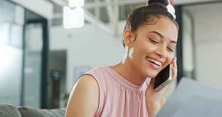 Image showing Phone, call and conversation of a woman on a mobile talking with happy communication. Happiness, technology and person smile while speaking on a online discussion on a phone call networking