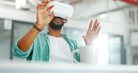 Image showing Virtual reality metaverse, augmented reality vr and black man work on cyber dashboard, digital transformation or ai software. Futuristic, headset and creative graphic designer with future simulation