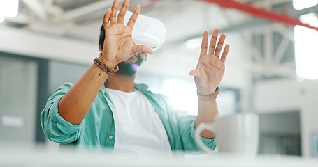 Image showing Virtual reality metaverse, augmented reality vr and black man work on cyber dashboard, digital transformation or ai software. Futuristic, headset and creative graphic designer with future simulation