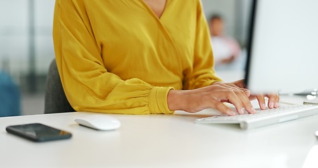 Image showing Computer, keyboard and black woman typing in office, working on email or sales project. Planning, pc and young female employee writing report, advertising or marketing proposal in corporate workplace