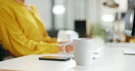 Image showing Coffee, business and black woman in office by computer working on sales or marketing project. Tea, pc or happy female employee or worker drinking espresso, cappuccino or caffeine in company workplace